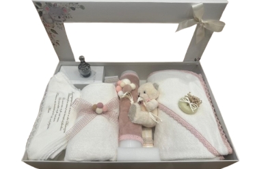 Set Trusou Botez Cu Lumanare Urs Roz