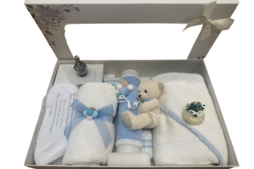 Set Trusou Botez Cu Lumanare Urs Bleu